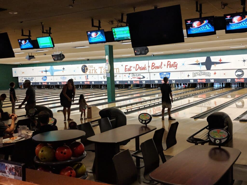 Various family members bowling