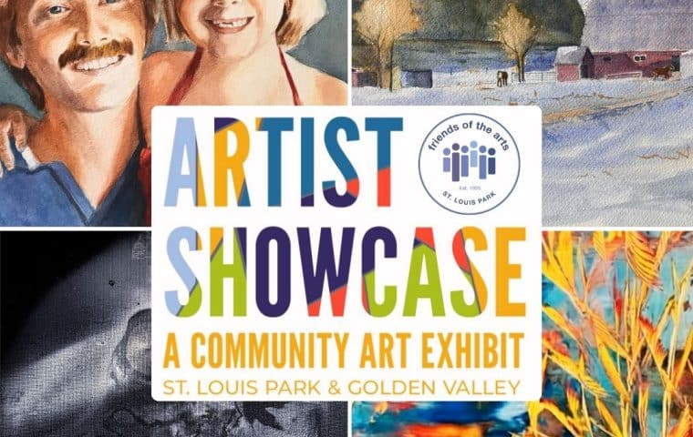 A graphic promoting the Artist Showcase community art exhibit at Brookview in Golden Valley. It shows the text and four paintings from participating artists.