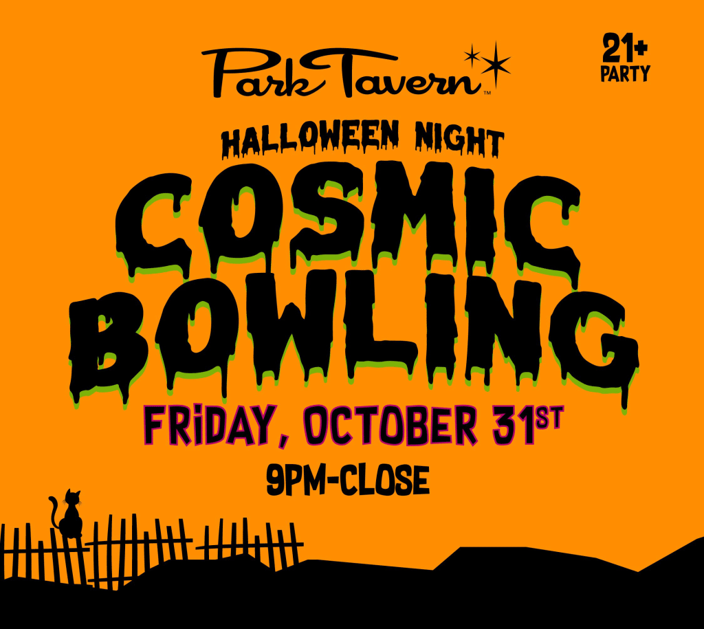 An orange and black graphic promoting cosmic bowling at the Park Tavern in St. Louis Park
