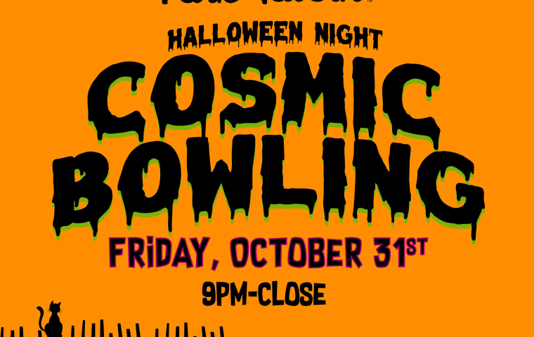 An orange and black graphic promoting cosmic bowling at the Park Tavern in St. Louis Park