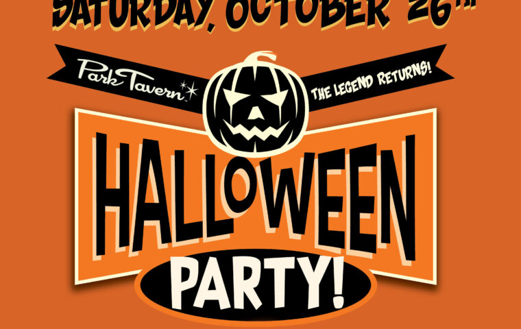 Scary pumpkin graphic promoting the Halloween party