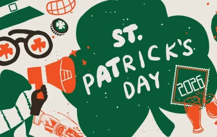 A giant shamrock graphic promoting St. Patrick's Day at Kip's Irish Pub