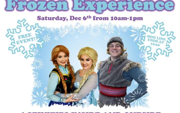 A graphic promoting the Frozen Experience at The Shops at West End with photos of Anna, Elsa and Kristoff