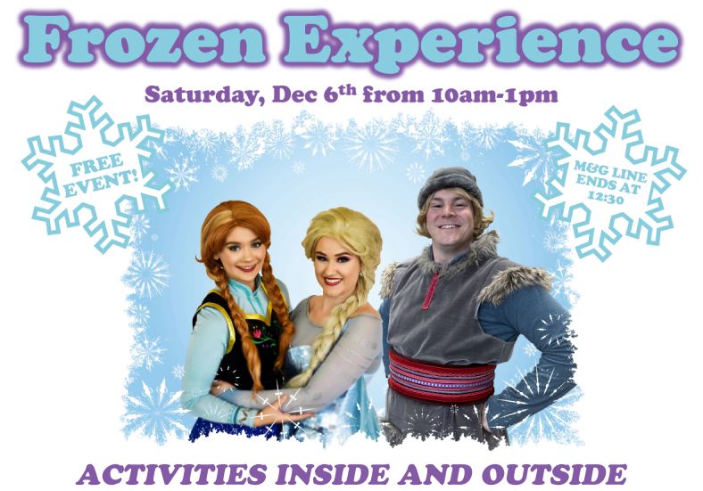 A graphic promoting the Frozen Experience at The Shops at West End with photos of Anna, Elsa and Kristoff