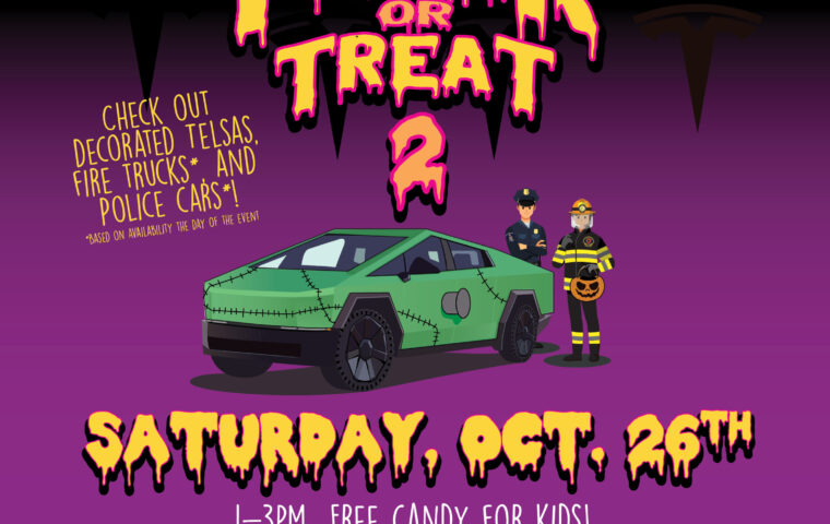 A graphic of a tesla decorated as Frankenstein to promote the Halloween event