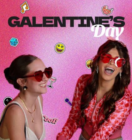 Two women wearing heart-shaped glasses to promote Galentine's Day at Punch Bowl Social