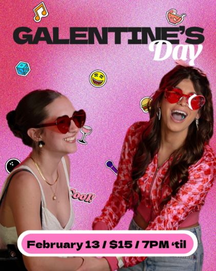 Two women wearing pink and heart-shaped glasses to promote Galentine's Day at Punch Bowl Social