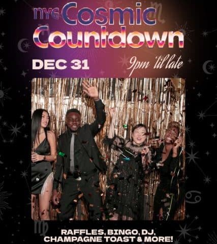 A group of friends dressed up in black with a gold background and confetti celebrating new year's eve at Punch Bowl Social