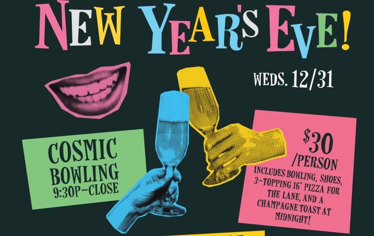 A graphic outlining the details of the Park Tavern's New Year's Eve bash with cosmic bowling and pizza