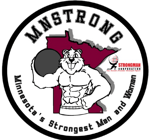 A logo of a gopher with serious six-pack abs holding a heavy weight and the outline of the state of MN