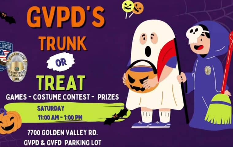 A graphic with a child dressed up as a ghost and one as death to promote Golden Valley's Trunk or Treat event on October 25