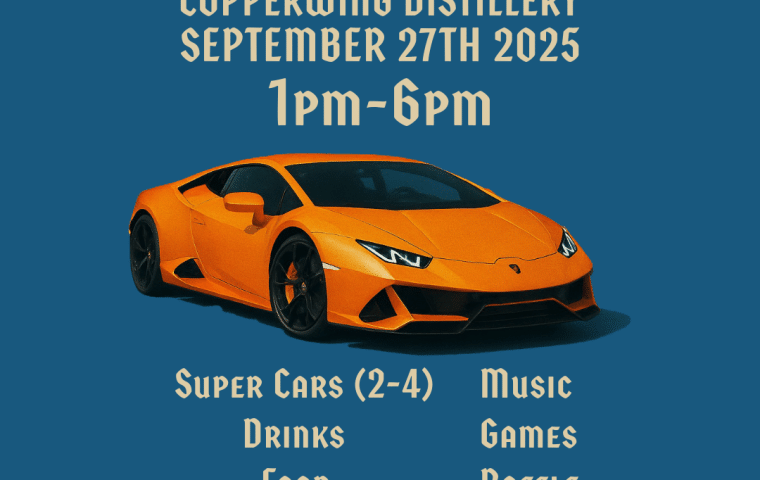 A graphic with a sleek orange fast car with beer steins and Bavarian flags to promote OktaneFest, an octoberfest celebration at Copperwing Distillery in St. Louis Park on September 27