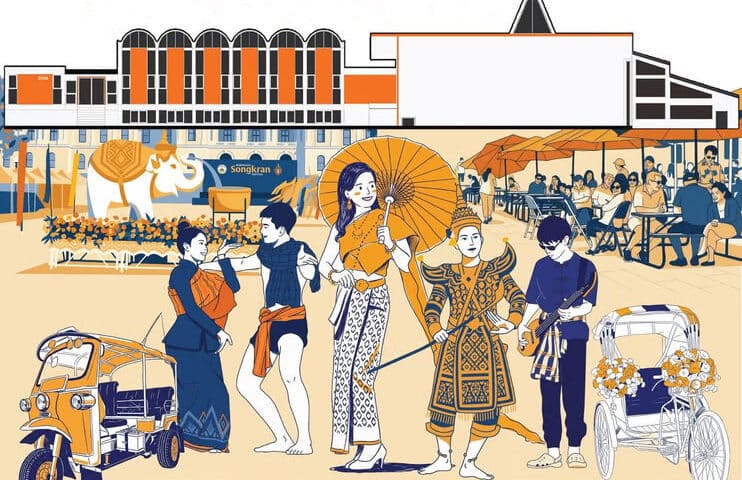 A cartoon graphic showing people in Thai dress at the Songkran Festival at Wat Promwachirayan in St. Louis Park