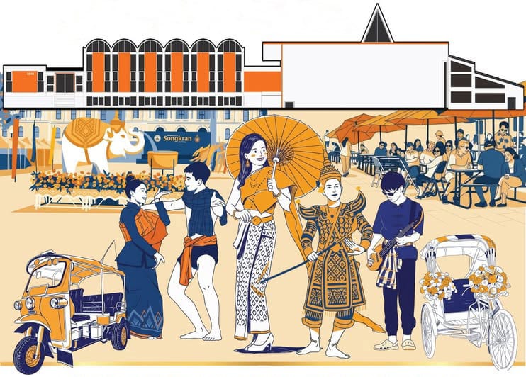 A cartoon graphic showing people in Thai dress at the Songkran Festival at Wat Promwachirayan in St. Louis Park
